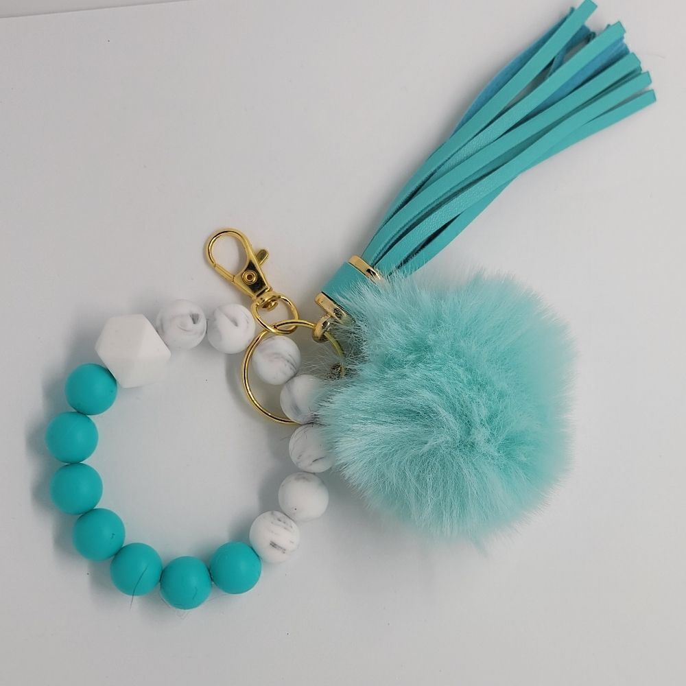 Silicone bead keychain with tassel and pompom